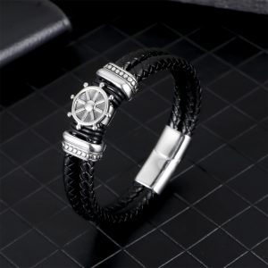 European and American Pop Pirate Leather Bracelet, Personalized Braided Leather Wristband with Stainless Steel Magnetic Clasp, Fashionable Leather Hand Jewelry for Men